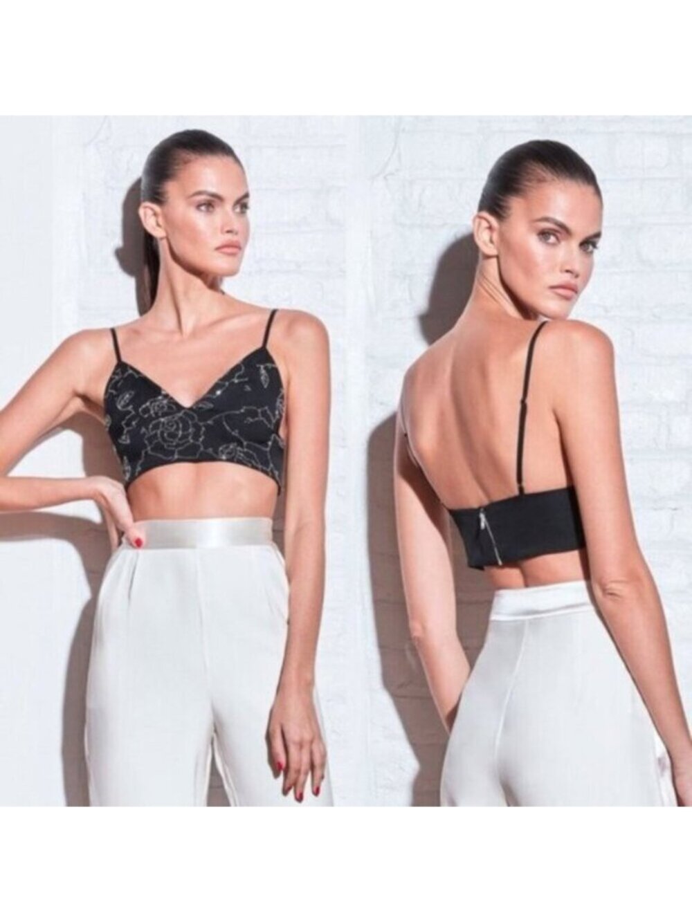 Fleur du Mal Rose Beaded Silk Bra Top Black